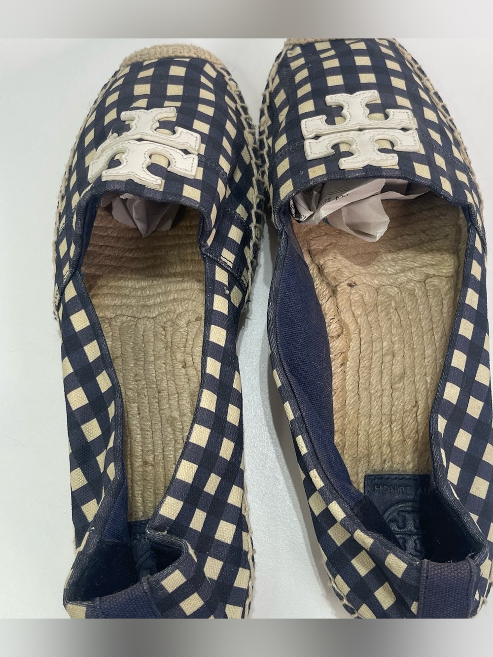 Tory Burch Espadrille Flats Women's 11 Logo Slip On Flats Gingham Check Blue - Picture 5 of 7